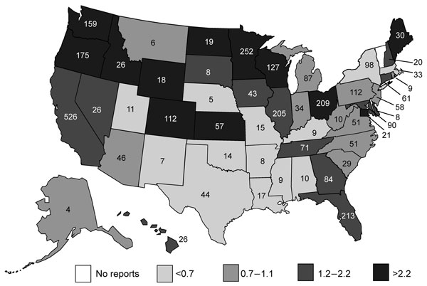 Total number and rate of reported foodborne norovirus outbreaks per 1,000,000 person-years by affected states, United States, 2001–2008. Number given in each state indicates the total number of outbreaks over the 8-year study period; shaded boxes in key indicate the reported rate by quartiles. Multistate outbreaks are assigned as outbreaks to each state involved.