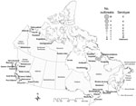 Thumbnail of Distribution of outbreaks of foodborne botulism by serotype, Canada, 1985–2005. Circles represent type E outbreaks, triangles type A outbreaks, pentagons type B outbreaks, and squares outbreaks of unknown serotype. Circle sizes are proportionate to the number of outbreaks occurring in a given location.