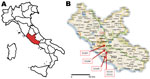 Thumbnail of A) Lazio region of Italy (red). B) Residence location of 5 cases of hepatitis E virus (HEV) subtype 4d infection involved in an autochthonous outbreak, March–April 2011. (Map source: CartineGeografiche, Catania, Sicily, Italy; www.cartinegeografiche.eu)