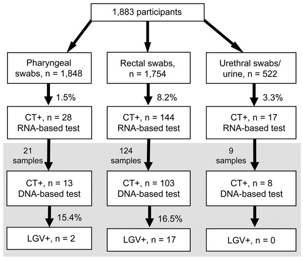Flowchart of testing of 1,883 men who have sex with men for Chlamydia trachomatis (CT) and lymphogranuloma venereum (LGV) by RNA- and DNA-based assays, Germany, December 1, 2009–December 31, 2010. Gray shading indicates samples positive for CT that were sent for L genotyping. Most participants provided &gt;1 type of sample.