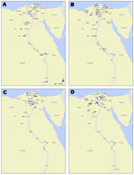 Thumbnail of Geographic distribution of humans with highly pathogenic avian influenza A(H5N1) virus infection yielding clade 2.2.1 isolates, Egypt, 2007–2011. Each case is shown within the governorate that reported the case; however, locations within governorate territories are arbitrary and do not represent exact coordinates. White circles indicate the 59 confirmed cases from this study with fully sequenced viral genomes; numbers are the corresponding World Health Organization case numbers. Bla