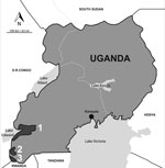 Thumbnail of Map of Uganda showing 3 areas where a serosurvery for human and animal pathogens was conducted among dogs. 1, Queen Elizabeth National Park; 2, Bwindi Impenetrable National Park; 3, Mgahinga Gorilla National Park.