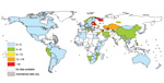 Thumbnail of Proportion of multidrug resistance among strains causing new tuberculosis cases from latest available world data, 1994–2010. <!-- INSERT SHAPE --> Dotted lines on maps represent approximate borders for which there may not yet be full agreement. (Copyright by the World Health Organization; 2011. All rights reserved.)