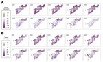 Thumbnail of Spatiotemporal patterns in annual dengue epidemics in southern Vietnam. The phase interval (days) between the dengue time series in each province (A) relative to Ho Chi Minh City (HCMC) and each district (B) relative to District 1 in HCMC is shown by year. The largest negative values (dark purple) indicate the earliest locations for the annual dengue epidemics, zero (gray hatched) represents synchrony with the HCMC time series, and positive values (green) indicate dengue epidemics t