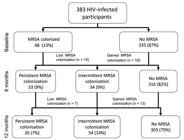 Prevalence of methicillin-resistant Staphylococcus aureus (MRSA) recovered from nares and groin swabs of HIV-infected adults at each study visit among participants who had specimens cultured at all 3 visits (n = 383). Atlanta, Georgia, USA, 2007–2009.
