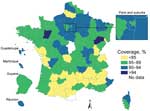 Thumbnail of Coverage of initial measles-mumps-rubella vaccination (MMR1) listed in health certificates for children at 24 months of age, by district (département), France, 2003–2008. Data are latest available figures for the period. Sources: Institut de Veille Sanitaire, Ministry of Health statistical department. 