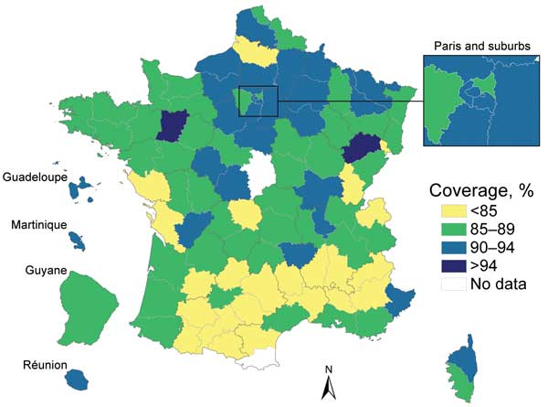 Coverage of initial measles-mumps-rubella vaccination (MMR1) listed in health certificates for children at 24 months of age, by district (département), France, 2003–2008. Data are latest available figures for the period. Sources: Institut de Veille Sanitaire, Ministry of Health statistical department. 