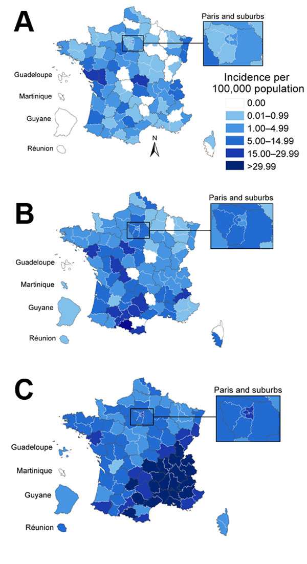 Evolution of geographic distribution of measles cases during 3 epidemic waves, France. A) October 2008–September 2009; B) October 2009–September 2010; C) October 2010–September 2011. 