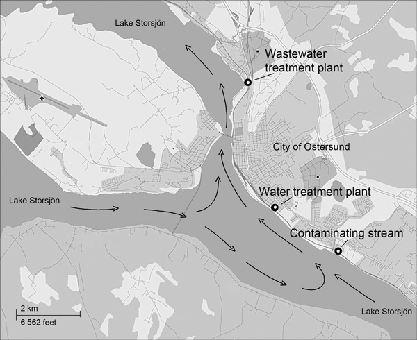 Map of Lake Storsjön, showing water currents (arrows) and locations of wastewater treatment plant, water treatment plant, and contaminating stream after Cryptosporidium infection outbreak, Östersund, Sweden, 2010–2011.