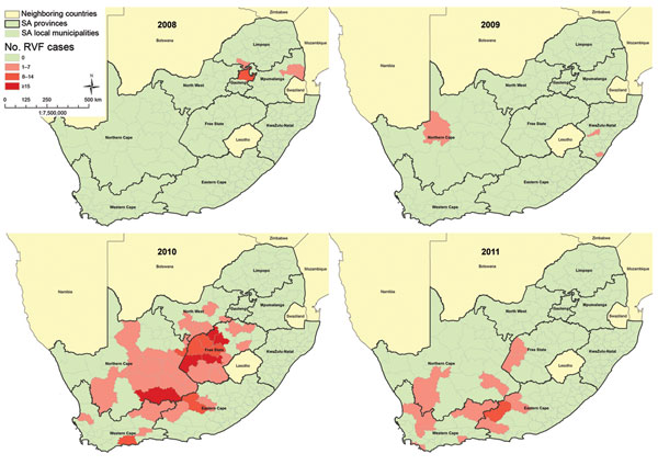 The spatial frequency distribution of human laboratory-confirmed Rift Valley fever cases by administrative local municipality by year, South Africa (SA), 2008–2011 (N = 302).