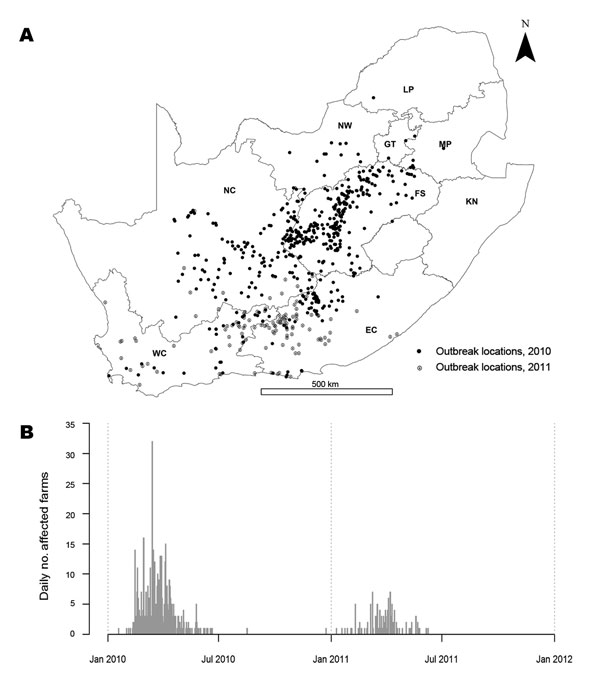 Rift Valley fever epidemic, South Africa, 2010–2011. A) Location of cases. Unmarked area in center right is Lesotho (no data). B) Epidemic curve for the 2 years. NC, Northern Cape; NW, North West; LP, Limpopo; GT, Gauteng; MP, Mpumalanga; FS, Free State; KN, KwaZulu-Natal; EC, Eastern Cape; WC, Western Cape.