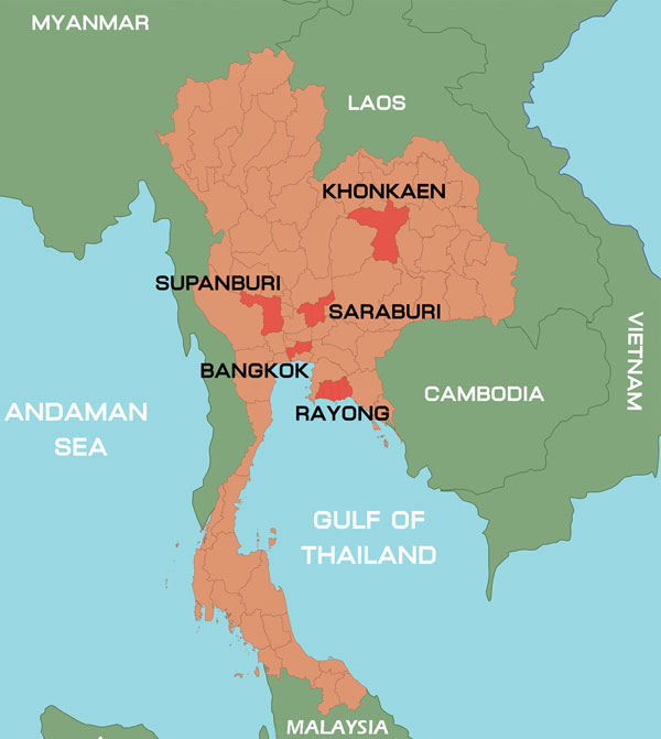 Location of sample collection sites during outbreak of hand, foot, and mouth disease, Thailand, January–October 2012.