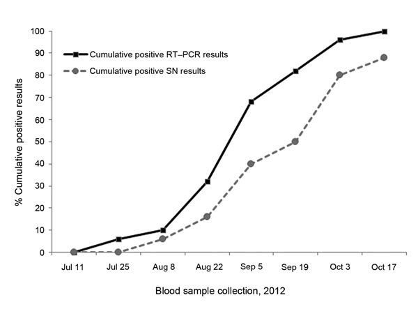 Time course of Schmallenberg virus spread among 50 infection-naive female lambs assessed bimonthly by real-time quantitative reverse transcription PCR (RT-qPCR) and seroneutralization (SN). Cumulative positive results (cycle threshold &lt;40 and log2 50% effective dose &gt;3.5) obtained during July–October 2012 are expressed as percentages.