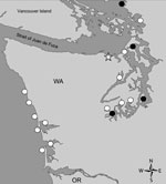 Thumbnail of Diarrhetic shellfish poisoning toxin monitoring sites, Washington, USA, 2010–2011. Eighteen sites were monitored during the 2010 pilot study (open circles); 5 pilot sites were selected for continued monitoring during 2011 (solid circles). Sequim Bay State Park (star), the site implicated in the human illnesses described in this article, was among the sites monitored in 2011.