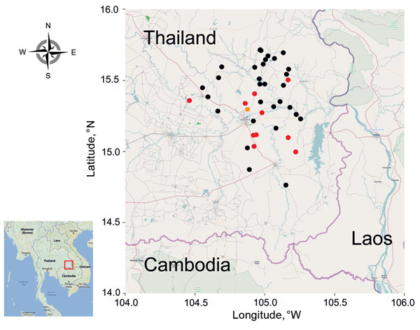 Ubon Ratchathani Province in northeastern Thailand and locations where water samples were tested for Burkholderia pseudomallei, 2012. Location of wells, boreholes, and tap water samples that were positive are indicated by orange, red, and black circles, respectively. The red square in the inset indicate the study area in Thailand.