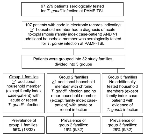 Flowchart for the identification of families with an index case-patient who had acute toxoplasmosis and &gt;1 family member with acute or recent Toxoplasma spp. infection. Data were extracted from the database of the Palo Alto Medical Foundation Toxoplasma Serology Laboratory (PAMF-TSL; Palo Alto, CA, USA), from patient samples sent to PAMF-TSL during 1991–2010 from laboratories throughout the United States.