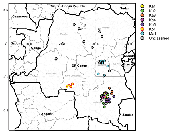 Geographic distribution of vaccine-derived polivirus type 2 from patients from the Democratic Republic of Congo (DR Congo). Viruses are represented by circles colored by lineage. Viruses that are not assigned to a lineage are categorized as unclassified.