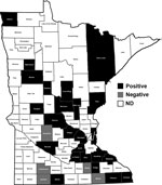 Thumbnail of State of Minnesota showing counties. Domestic and captive farmed animals positive for antibodies against severe fever with thrombocytopenia syndrome virus nucleoprotein were found in 24 (black) of 29 counties, 2012. 