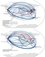 Thumbnail of Global migration maps from fully subsampled global hemagglutinin tree for A) influenza (H3N2), based on 1,140 sequences, and B) influenza (H1N1), based on 554 sequences. The size and color of the nodes corresponds to the number of migration events associated with that location (median from 50 subsamples). The thickness of the lines corresponds to the number of migration events between 2 nodes. Red lines join Vietnam to other locations; blue lines join other locations. UK, United Kin
