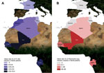 Thumbnail of Prevalence of Rickettsia felis infection (Panel A) and Plasmodium spp. infection (malaria) (Panel B) in febrile patients in Gabon, Senegal, Mali, Algeria, Morocco, Tunisia, and France, June 2010–April 2012.