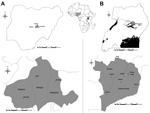 Thumbnail of Location of areas studied for Rickettsia africae in Amblyomma variegatum ticks in Nigeria (A) and Uganda (B), 2010.