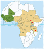 Thumbnail of Countries in the former Onchocerciasis Control Programme in western Africa in which onchocerciasis was eliminated as a public health problem through vector control (green); countries in the African Programme for Onchocerciasis Control in which onchocerciasis control is ongoing through annual mass treatment with ivermectin (beige); and areas in Southern Sudan, northern Uganda, and southern Tanzania in which nodding syndrome has been reported (red circles).