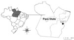 Thumbnail of Bom Jesus do Tocantins County (black) in Pará State (gray), Brazil, where an outbreak of bovine vaccinia occurred in 2010. 