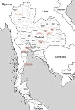 Thumbnail of Provinces of Thailand in which Q fever surveillance was conducted, 2012. Red ovals indicate sources of normal ruminant placentas. Two human deaths caused by endocarditis diagnosed as attributable to Coxiella burnetii infection have recently been reported in Khon Kaen Province.