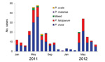 Thumbnail of Number of confirmed malaria cases caused by various Plasmodium spp. protozoa in 4 counties of Yunnan Province, China, along the China–Myanmar border, January 2011–August 2012. Mixed, P. vivax/P. falciparum infection.