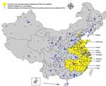 Thumbnail of Geographic distribution of national influenza surveillance sentinel hospitals in Beijing and Shanghai Municipalities and 8 provinces with confirmed human cases of avian influenza A(H7N9) virus infection, China, 2013.
