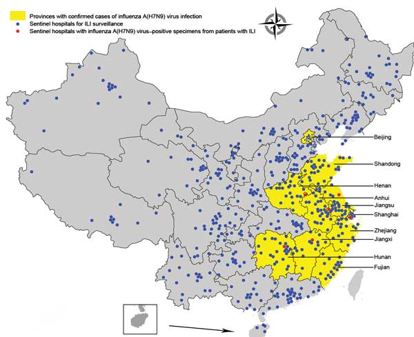 Geographic distribution of national influenza surveillance sentinel hospitals in Beijing and Shanghai Municipalities and 8 provinces with confirmed human cases of avian influenza A(H7N9) virus infection, China, 2013.
