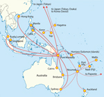 Thumbnail of Direct airline routes to Pacific region destinations from Papua New Guinea (Port Moresby), New Caledonia (Noumea), and Yap State, Federated States of Micronesia.