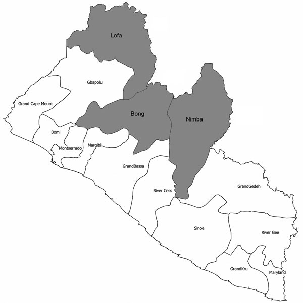 Counties in which cases of Buruli ulcer were found during 2012 (gray shading), Liberia.