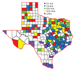 Thumbnail of Incidence rates per 100,000 population during West Nile virus outbreak, Texas, USA, 2012. Numbers in parentheses indicate the number of counties that fell within each range.