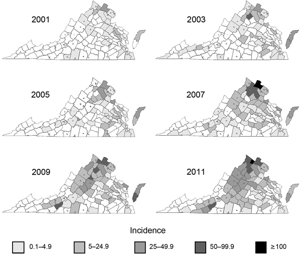 Progressive geographic spread of human Lyme disease across Virginia, 2001–2011. Data were reported by the Virginia Department of Health http://www.vdh.virginia.gov/epidemiology/surveillance/surveillancedata/index.htm. Cases per 100,000 population were calculated by county or city census estimate data published for the year preceding the year of the report. LE, Lesesne State Forest; AB, Appomattox-Buckingham State Forest; GR, University of Richmond–owned field site; CR, Crawfords State Forest.