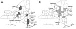 Thumbnail of Cases of Powassan/deer tick virus encephalitis, by county, New York, USA, for 2004–2012 (A) and 1958–2003 (B) (19). A total of 14 cases occurred during 2004–2012 and 9 cases during 1958–2003. One additional case from 1958–2003 is not shown because the patient had lived in and traveled through multiple counties in the 6 weeks before illness onset (20).