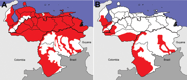 Distribution of malaria (red) in Venezuela during A) 1937 and B) 1980. This figure is qualitative because we did not have direct access to underlying data from original sources (1,21).