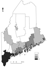 Thumbnail of Human babesiosis cases reported by county, Maine, 2001–2011.