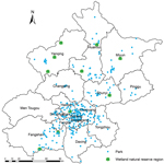 Thumbnail of Distribution of 317 parks (blue dots) and 10 wetland natural reserve regions (green leaves) in which surveillance for avian influenza A(H7N9) virus was conducted, Beijing, China, 2013.