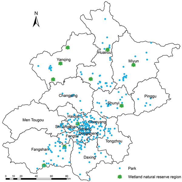 Distribution of 317 parks (blue dots) and 10 wetland natural reserve regions (green leaves) in which surveillance for avian influenza A(H7N9) virus was conducted, Beijing, China, 2013.