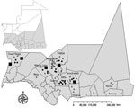 Thumbnail of Geographic distribution of confirmed and probable cases of Rift Valley fever among humans and animals, southern Mauritania (gray shading), 2012. Triangles, confirmed human cases; dots, probable human cases; squares, confirmed animal cases.