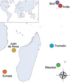 Thumbnail of Location of western Indian Ocean islands where tick sampling was conducted among seabird colonies during 2011–2012.
