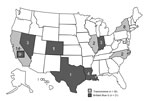 Thumbnail of Confirmed and probable cases of postprocedural fungal endophthalmitis, by state, United States, 2011–2012. Infections occurred after exposure to a product from Franck’s Compounding Lab (Ocala, FL, USA), though March 2012, when the implicated product was recalled. *In California, cases were associated with exposure to each product.