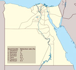 Thumbnail of Location of surveillance governorates and percentage of avian influenza virus detection in each governorate, Egypt, 2010–2012.