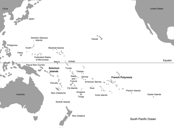 South Pacific Region showing the study areas (Solomon Islands and French Polynesia) tested for dengue virus type-3. 