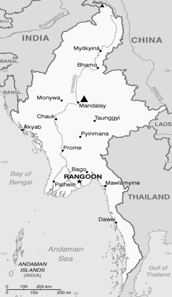 Location of Mandalay Children Hospital (triangle) in Myanmar.