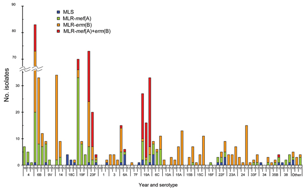 Changes in serotype number and macrolide resistance of Streptococcus pneumoniae strains according to genotype, Japan, April 2010–March 2013. MLS, macrolide-susceptible strains not possessing any resistance gene; MLR-mef(A), macrolide-resistant strain possessing the mef(A) gene; MLR-erm(B), macrolide-resistant strain possessing the erm(B) gene; MLR-mef(A)+erm(B), macrolide-resistant strain possessing both mef(A) and erm(B) genes.