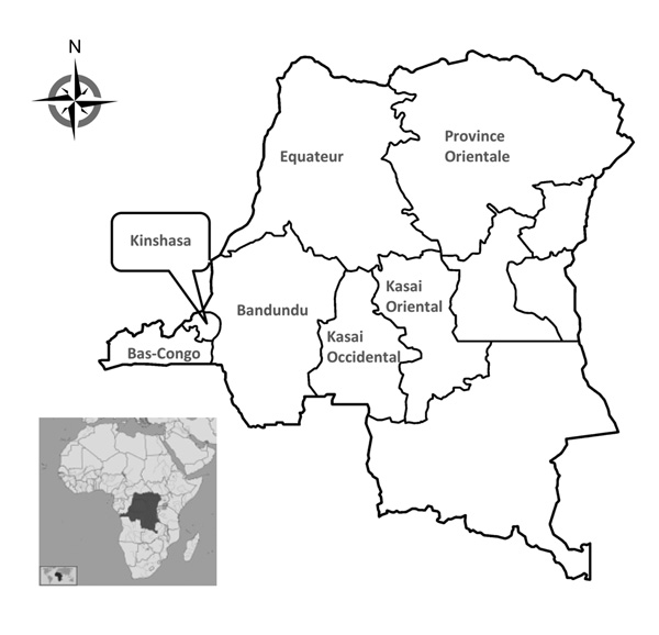 Sample collection sites (circled) in the Democratic Republic of the Congo, 2007–2011.