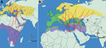 Thumbnail of Migration patterns of birds carrying ticks with Crimean-Congo hemorrhagic fever virus. A) Great reed warbler (Acrocephalus arundinaceus) migration routes (red lines), breeding grounds (yellow) and wintering areas (purple). Bodies of water are blue, and nonbreeding/nonwintering areas are light green.. B) European robin (Erithacus rubecula) migration routes (red lines), resident grounds (green), breeding grounds (yellow), and wintering areas (purple). Bodies of water are blue, and non