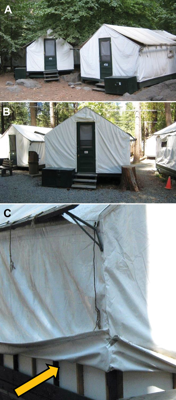 Regular and signature tent cabins, Yosemite National Park, summer, 2012. A) Outside view of a regular tent cabin. B). Outside view of a signature tent cabin. C) Inner layer of foam insulation underthe canvas of a signature tent cabin.